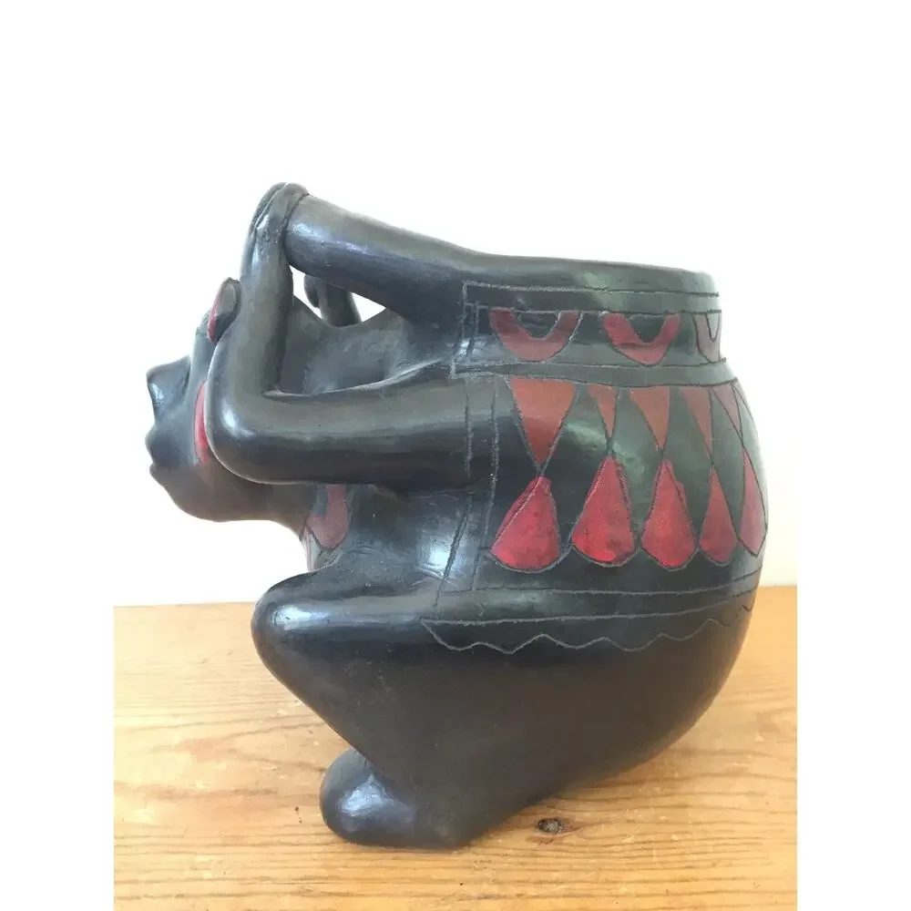 Vtg Handmade Barro Negro Black Pottery Mexican Figure Flower Vase Pot Planter